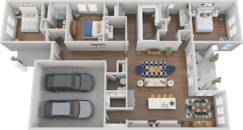 a 3d rendering of a floor plan with a car and a balcony